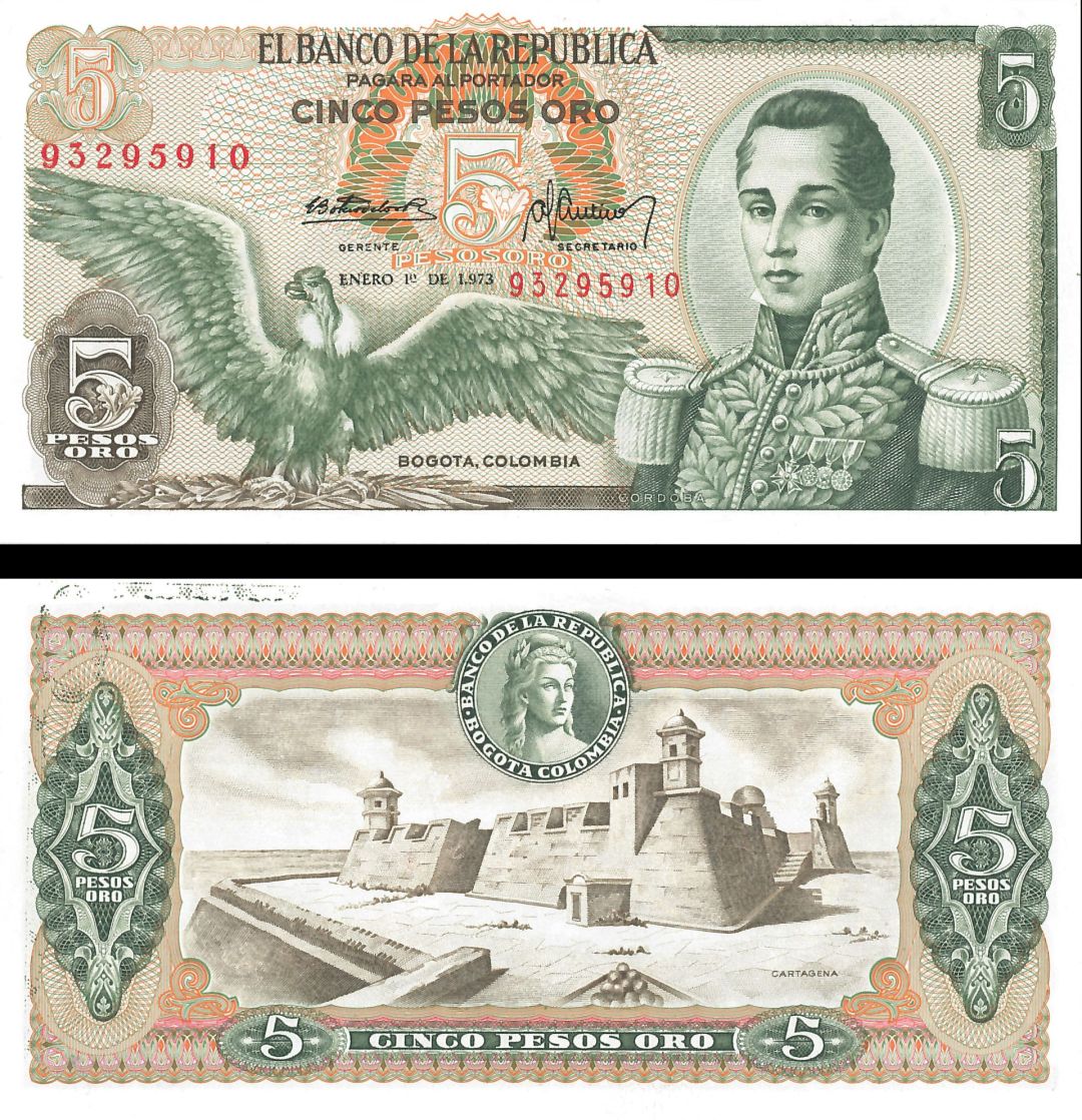 Colombia - 5 Pesos Oro - P-406e - 1973 dated Foreign Paper Money