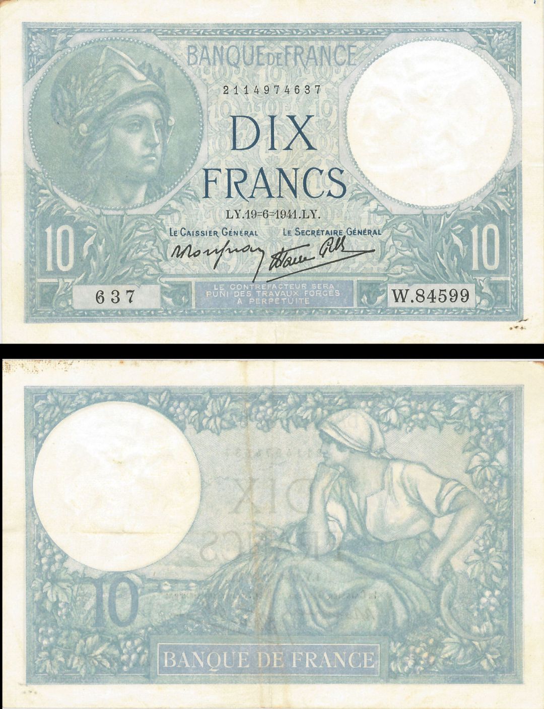 France - 10 Francs - P-84 - 1939-1941 dated Foreign Paper Money
