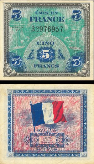 France - 5 Francs - P-115a - 1944 dated Foreign Paper Money
