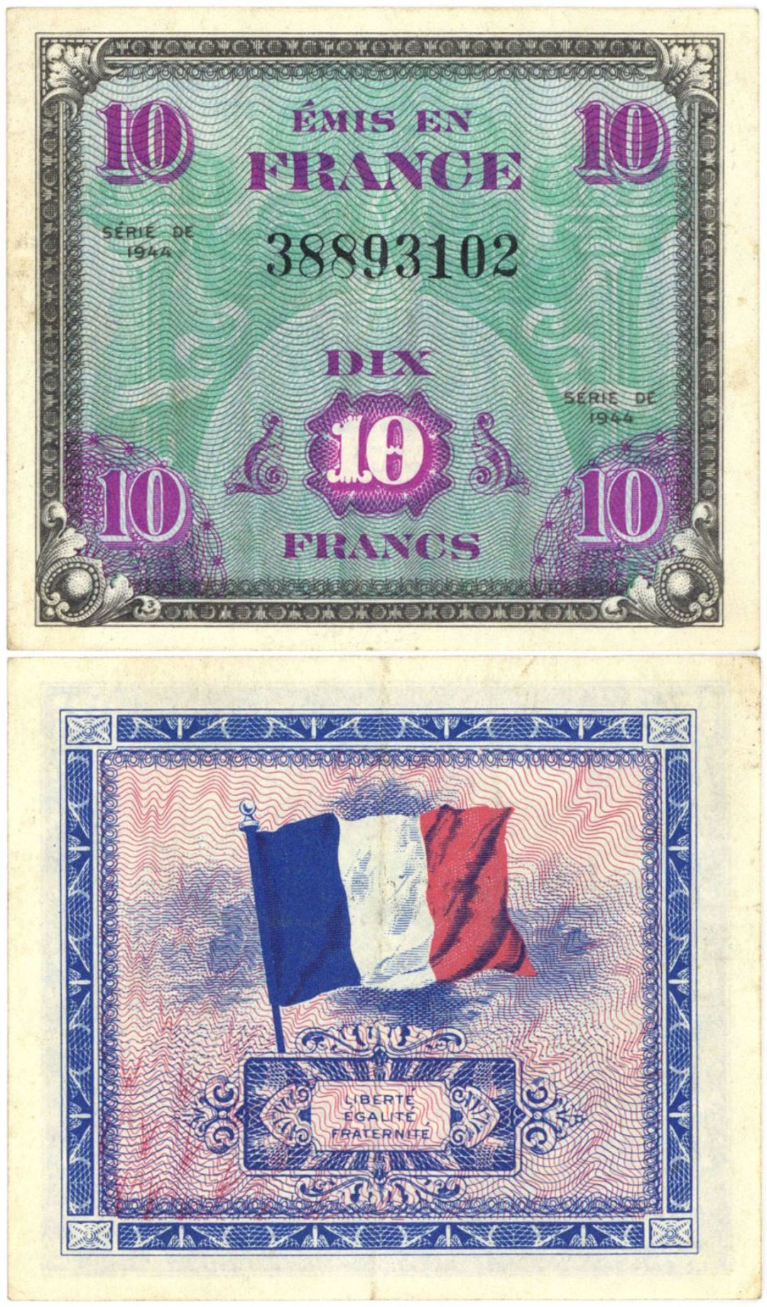 France - 10 French Francs - P-116a - 1944 dated Foreign Paper Money - Very Fine Condition