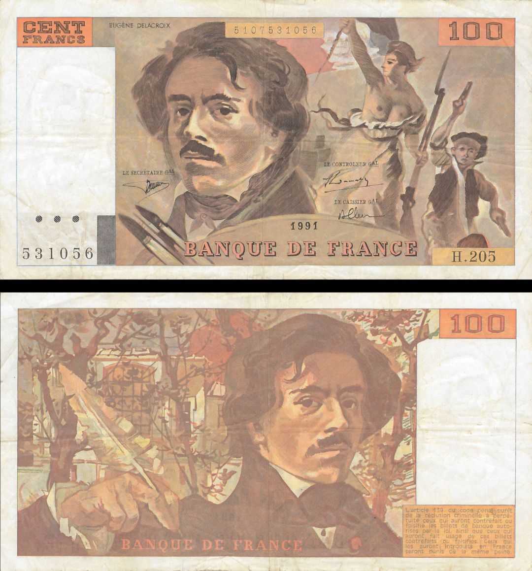 France - 100 Francs - P-154f - 1991 dated Foreign Paper Money