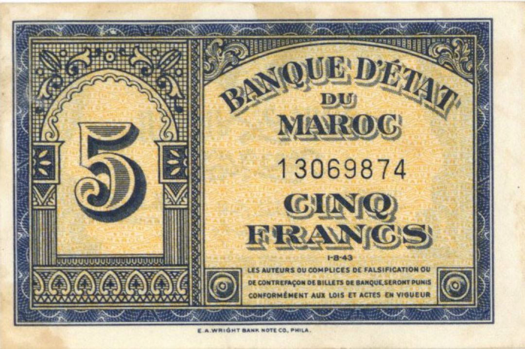 Morocco - 5 Francs - P-24 -  1944 dated Foreign Paper Money