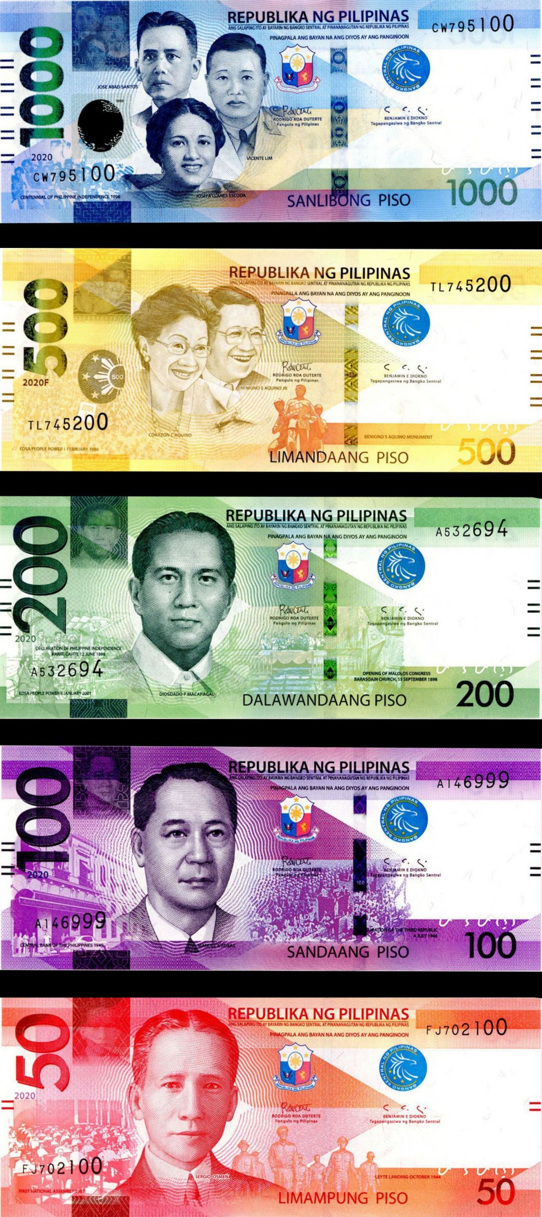 Philippines - 50,100,200,500,1,000 Piso - P-NEW - 2020 dated Foreign Paper Money