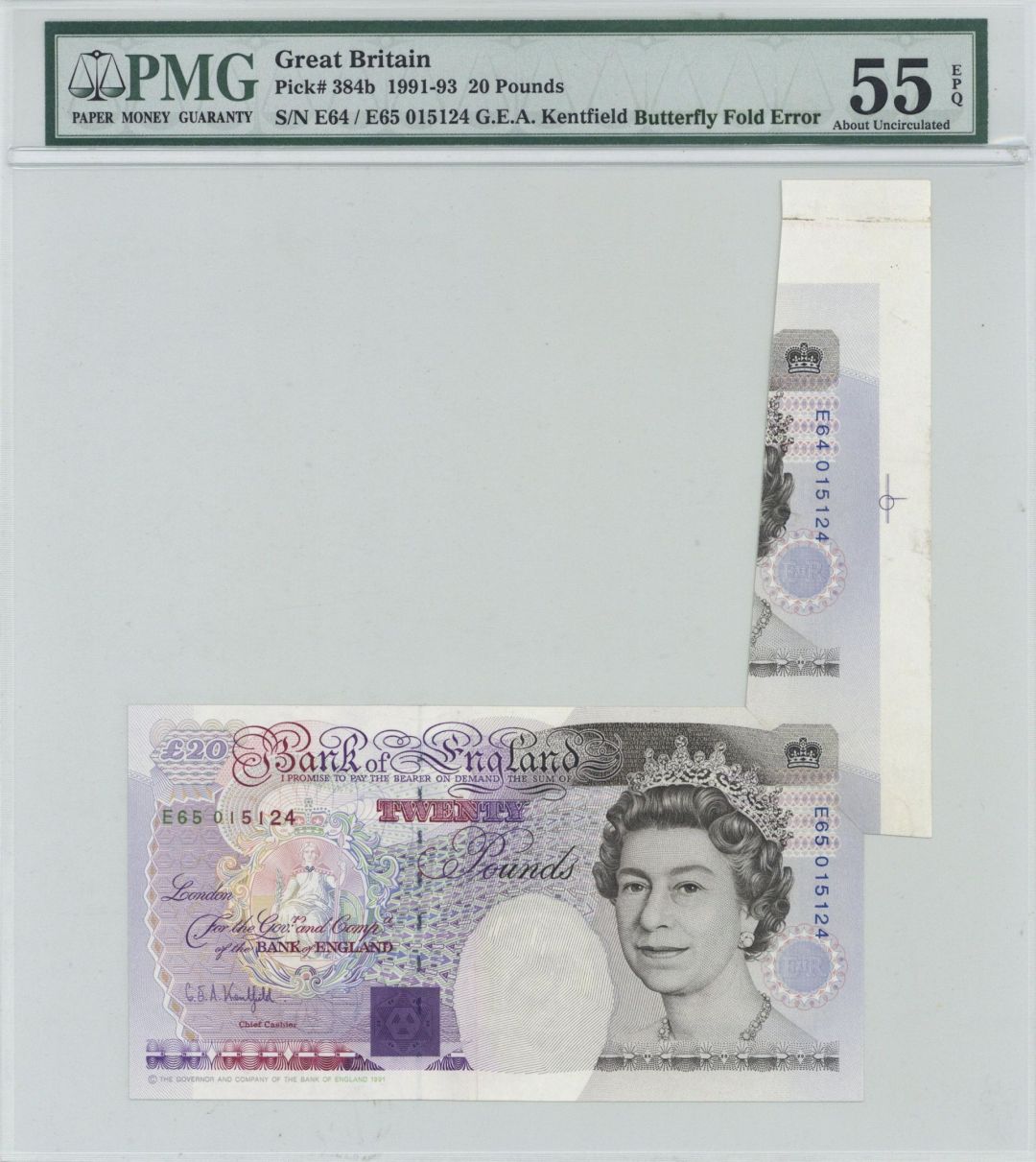 Great Britain - Large Printed Fold Error - 55 PMG Graded P-384b - Foreign Paper Money Error