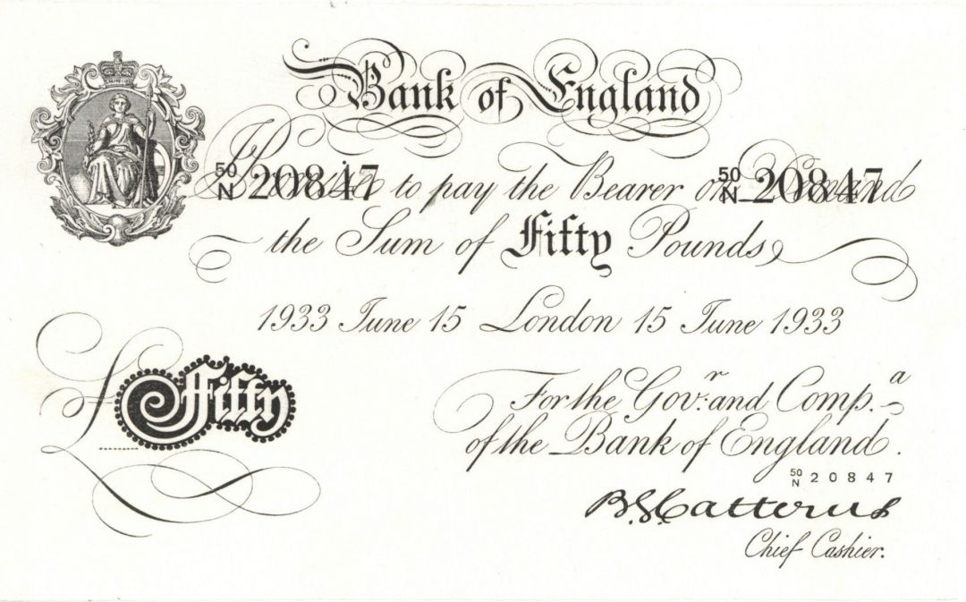 Great Britain - Operation Bernhard Note £50 - P-331 - June 15, 1933 dated Foreign Paper Money - Famous Counterfeit Note