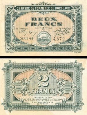 France, Notgeld - 1917, 2 Francs -  Foreign Paper Money