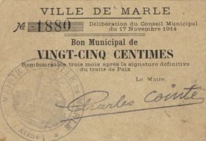France, Notgeld - 1914, Vingt-Cinq Centimes -  Foreign Paper Money