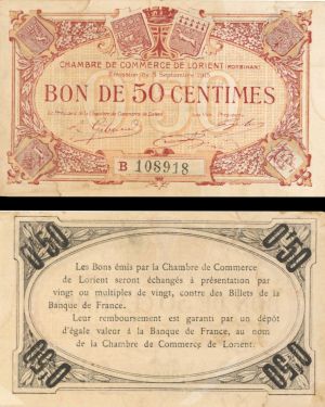 France, Notgeld - 1915, 50 Centimes -  Foreign Paper Money