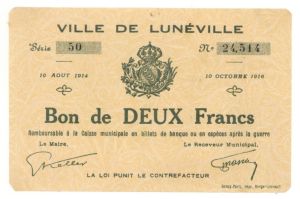France, Notgeld - 1914-1916, 2 Francs -  Foreign Paper Money