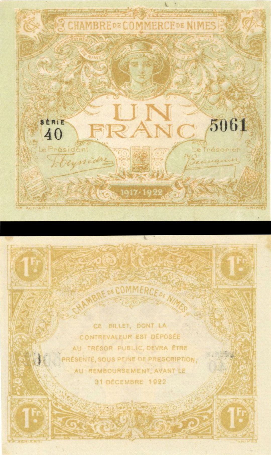 France, Notgeld - 1917-1922, 1 Franc -  Foreign Paper Money