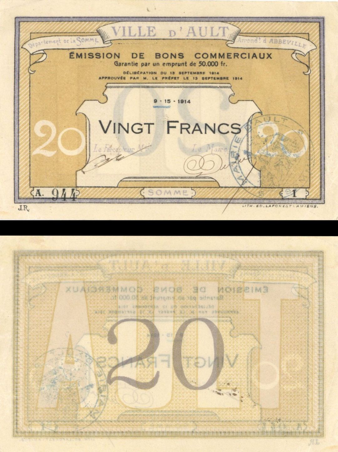 France, Notgeld - 1914, 20 Francs -  Foreign Paper Money