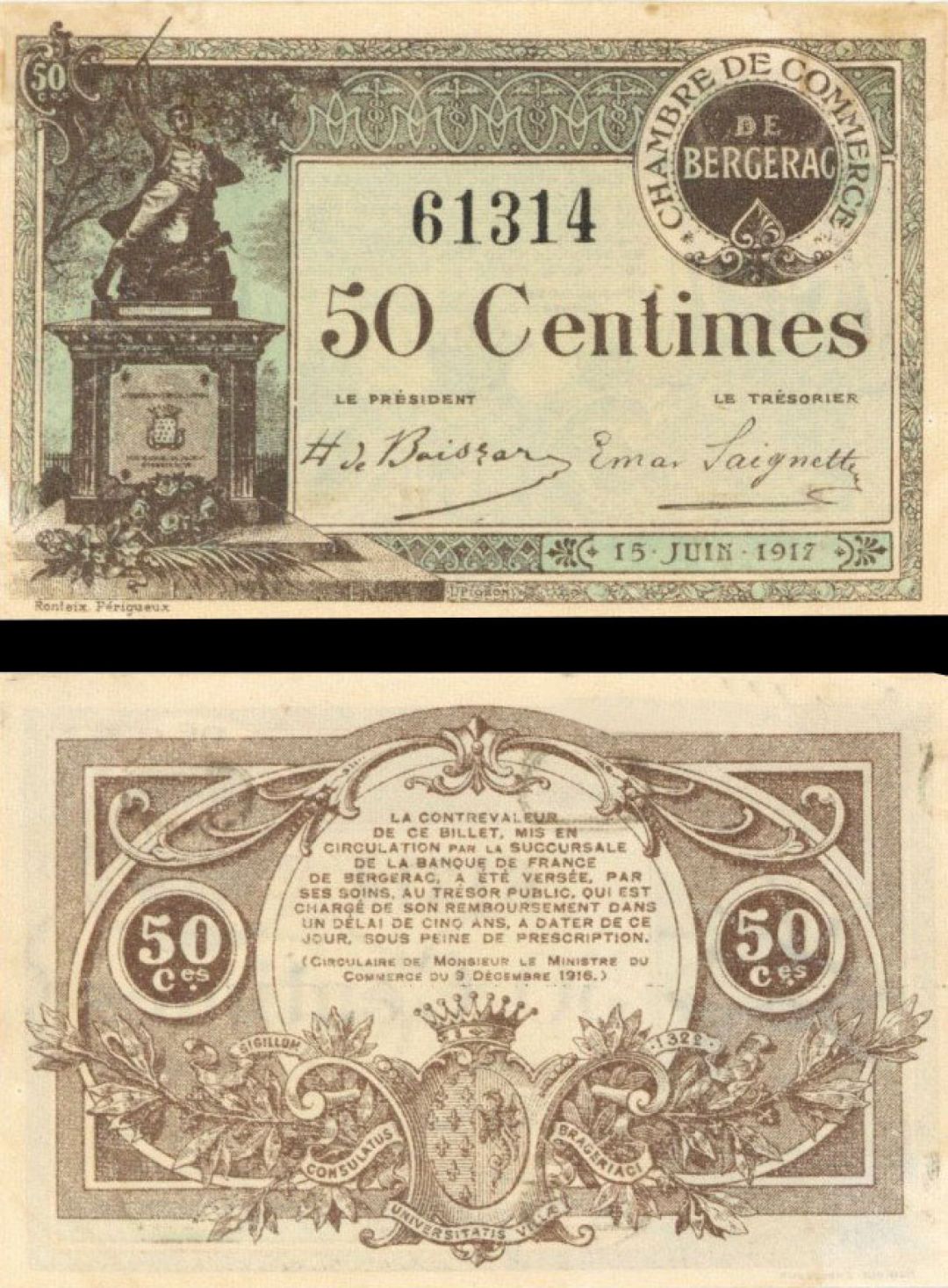 France, Notgeld - 1917, 50 Centimes -  Foreign Paper Money