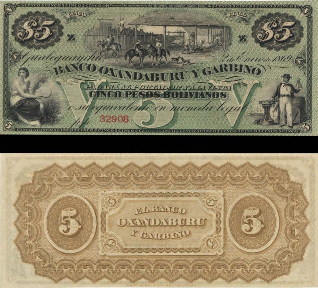 Argentina - 5 Pesos Bolivianos - P-S1783r - Jan. 2, 1869 dated Foreign Paper Money