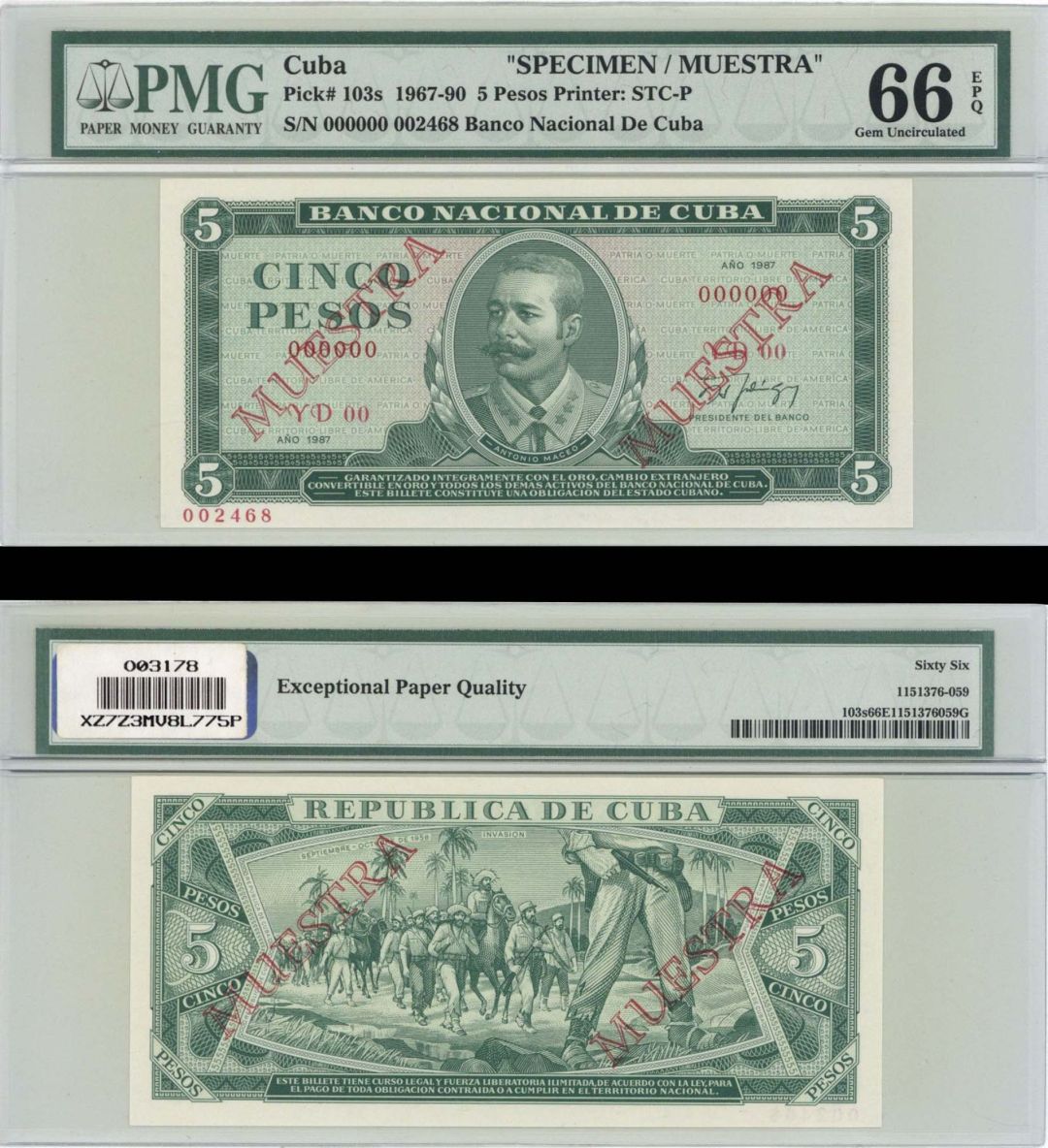 Cuba PMG Grade 66 Specimen - 5 Pesos - P-103s - 1967-90 dated Foreign Paper Money