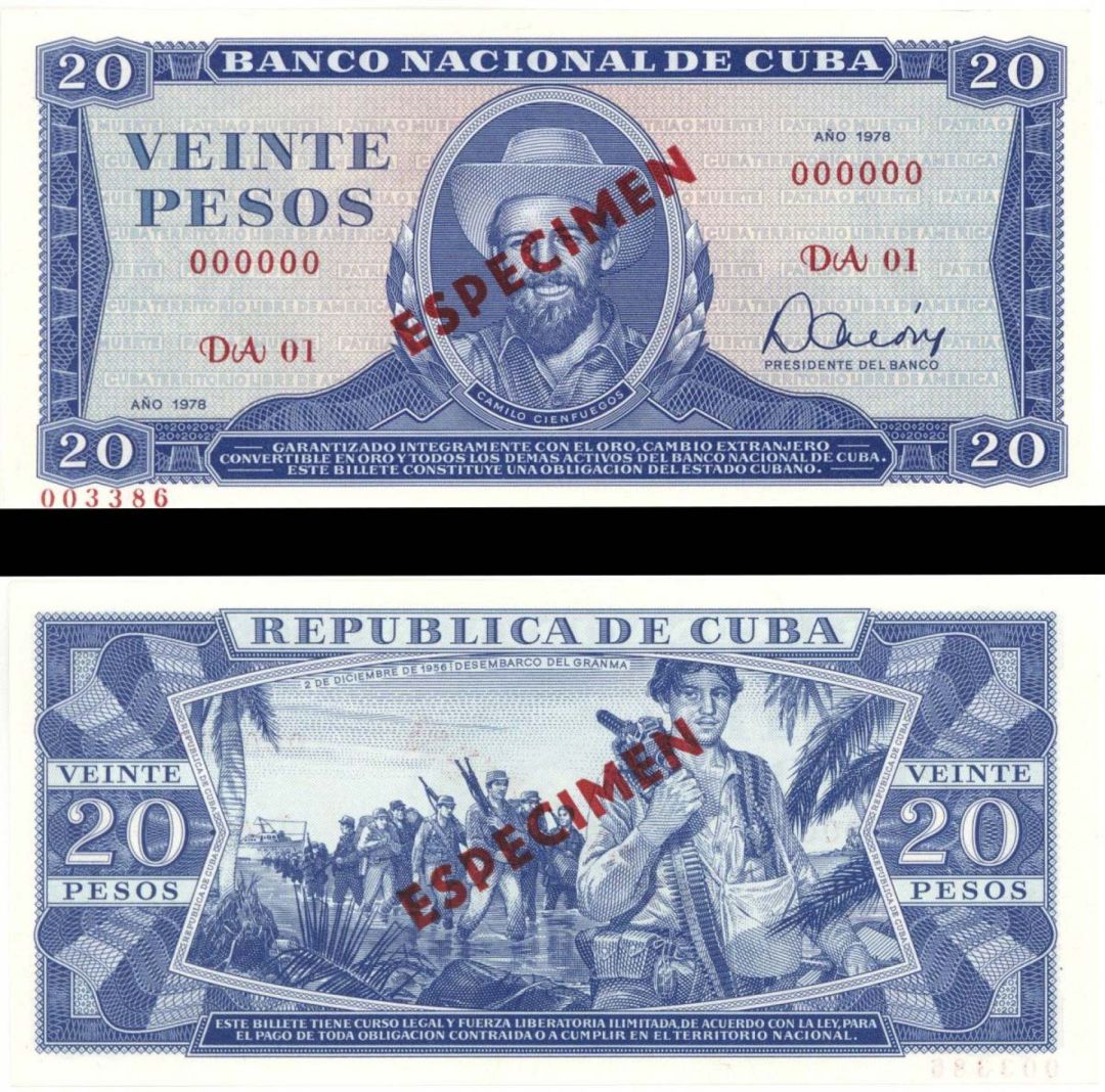 Cuba Specimen - 20 Pesos - P-105b - 1978 dated Foreign Paper Money