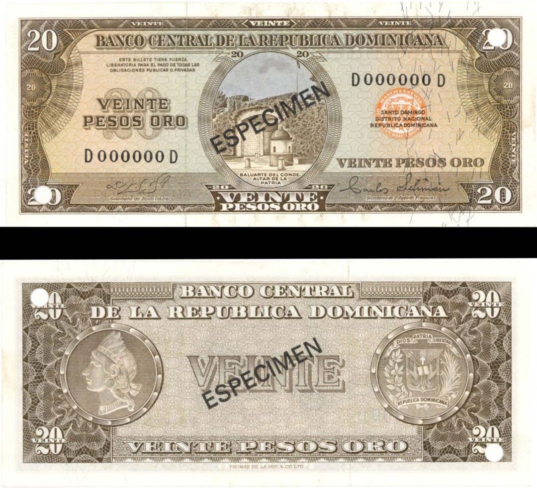 Dominican Republic- Specimen - 20 Pesos Oro - P-102s - (1964-74) dated Foreign Paper Money