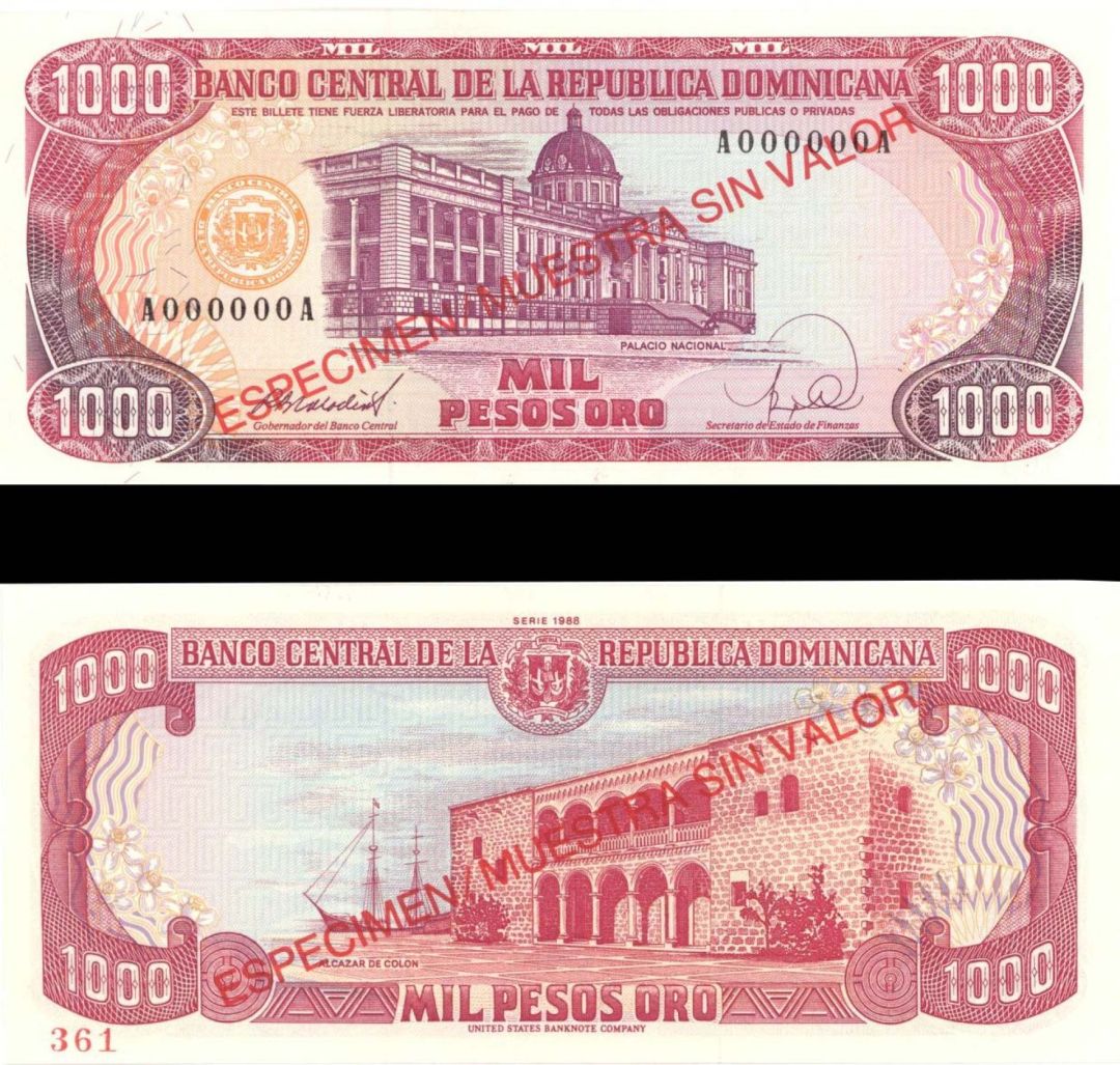 Dominican Republic- Specimen - 1,000 Pesos Oro - P-130s -  1988 dated Foreign Paper Money
