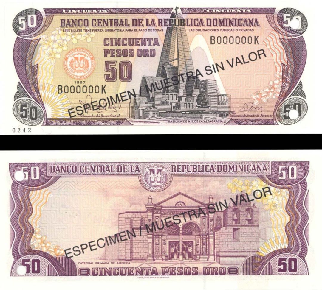 Dominican Republic- Specimen - 50 Pesos Oro - P-155s -  1997 dated Foreign Paper Money