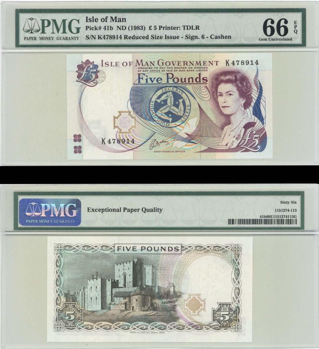 Isle of Man - 5 Pounds - P-41b -PMG graded 66 or 65  ND(1983) dated Foreign Paper Money
