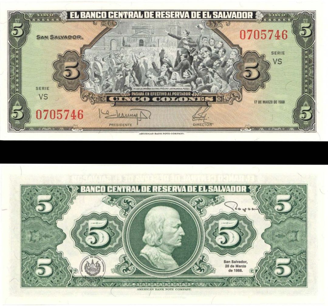 El Salvador - 5 Salvadoran Colones - P-134b - 1988 dated Foreign Paper Money