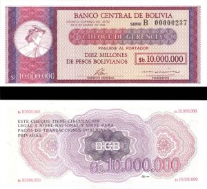 Bolivia - 10 Million Pesos Bolivianos - P-192a - 1985 dated Foreign Paper Money