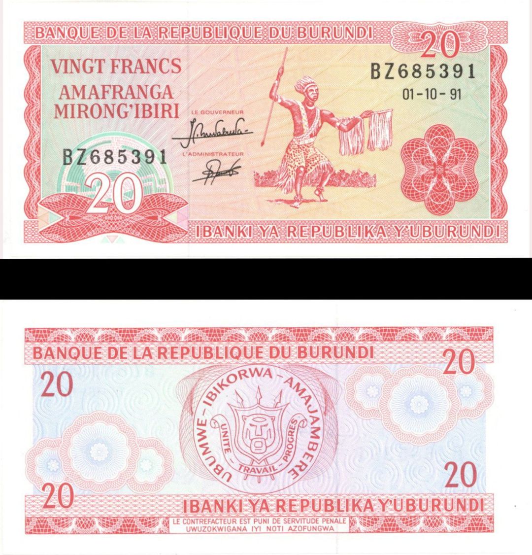 Burundi - 20 Francs - P-27c - 1991 dated Foreign Paper Money