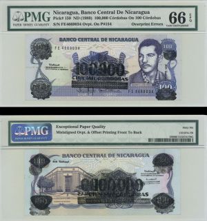 Nicaragua - 100,000 Cordobas on 100 Cordobas - P-159 - PMG 66 - Foreign Paper Money Error