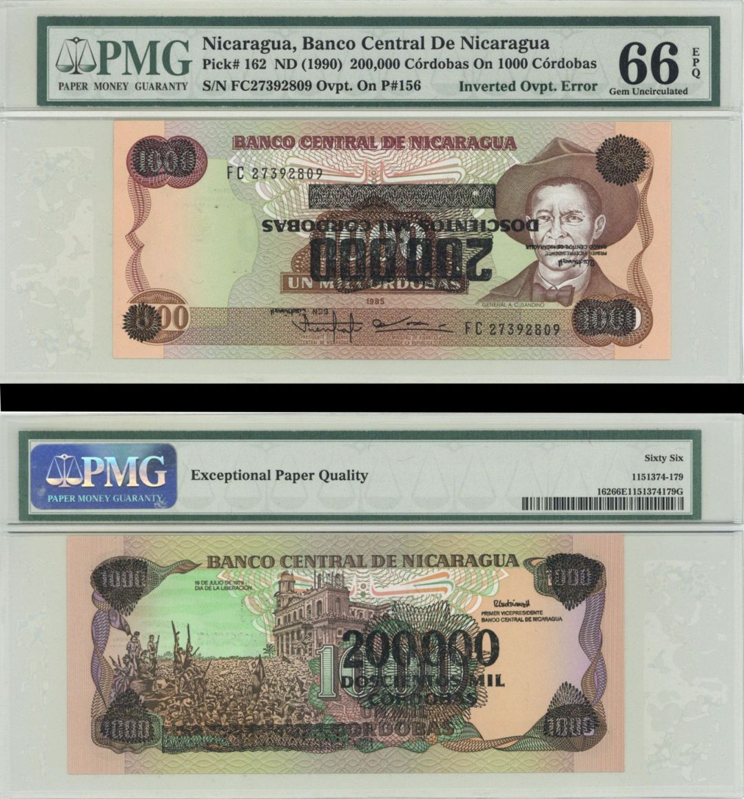 Nicaragua - 200,000 Cordobas on 1000 Cordobas - P-162 - PMG 66 - 1990 dated Foreign Paper Money Error