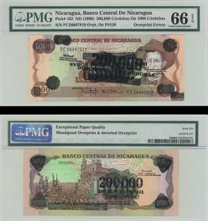 Nicaragua - 200,000 Cordobas on 1000 Cordobas - P-162 - PMG 66 - Foreign Paper Money Error