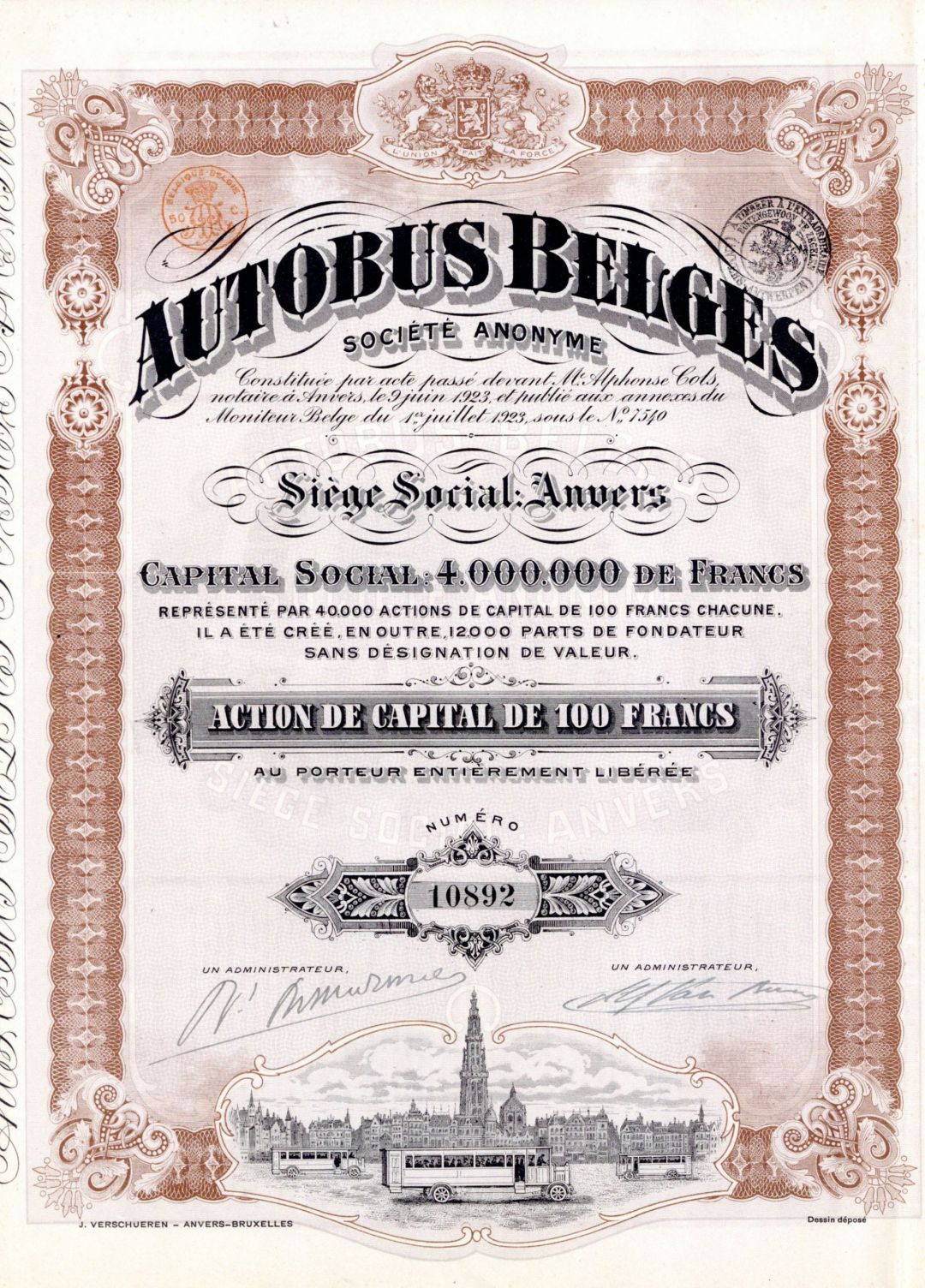 Autobus Belges Societe Anonyme - Stock Certificate