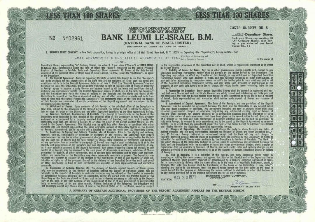 Bank Leumi Le-Israel B.M. - Israeli Banking Stock Certificate