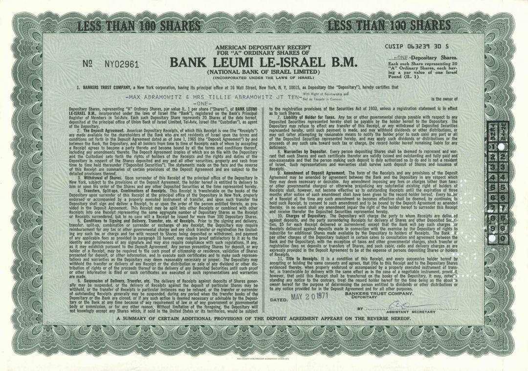 Bank Leumi Le-Israel B.M. - 1970's dated Israeli Banking Stock Certificate