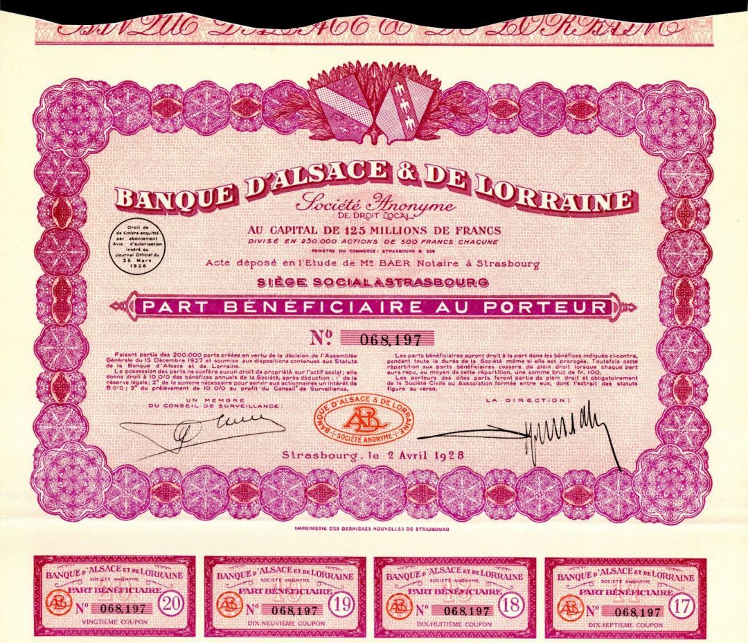 Banque D'Alsace and De Lorraine - 1928 dated French Banking Stock Certificate - Available in Purple or Blue - Please Specify Color