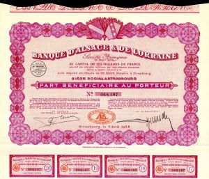 Banque D'Alsace and De Lorraine - French Banking Stock Certificate