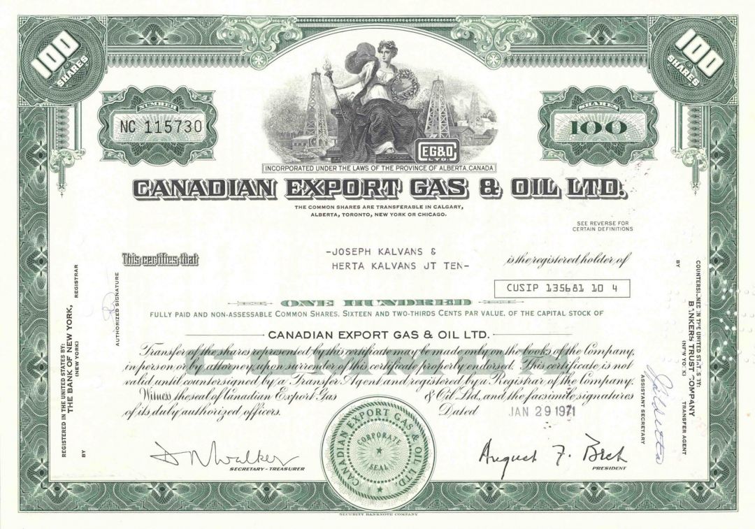 Canadian Export Gas and Oil Ltd  - Petroleum Company Stock Certificate