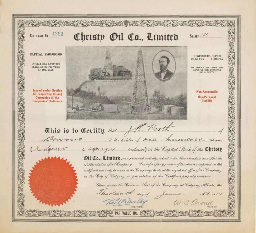 Christy Oil Co, Ltd - 1914 dated Stock Certificate