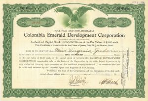 Colombia Emerald Devel Corporation - Stock Certificate