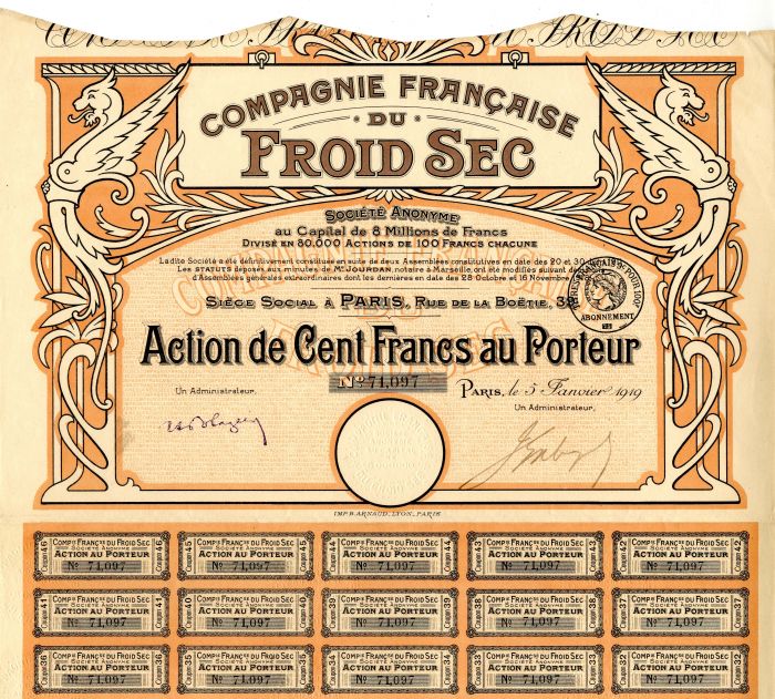 Compagnie Francaise Du Froid Sec - Stock Certificate