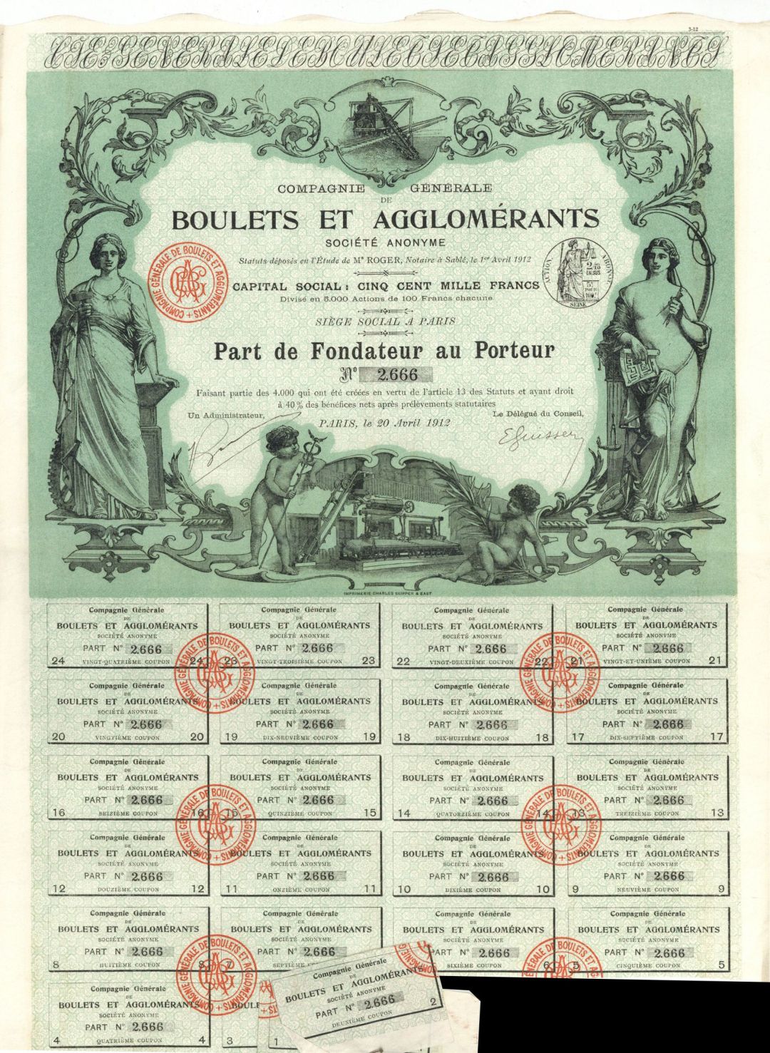 Compagnie Generale de Boulets Et Agglomerants - 1912 dated Stock Certificate