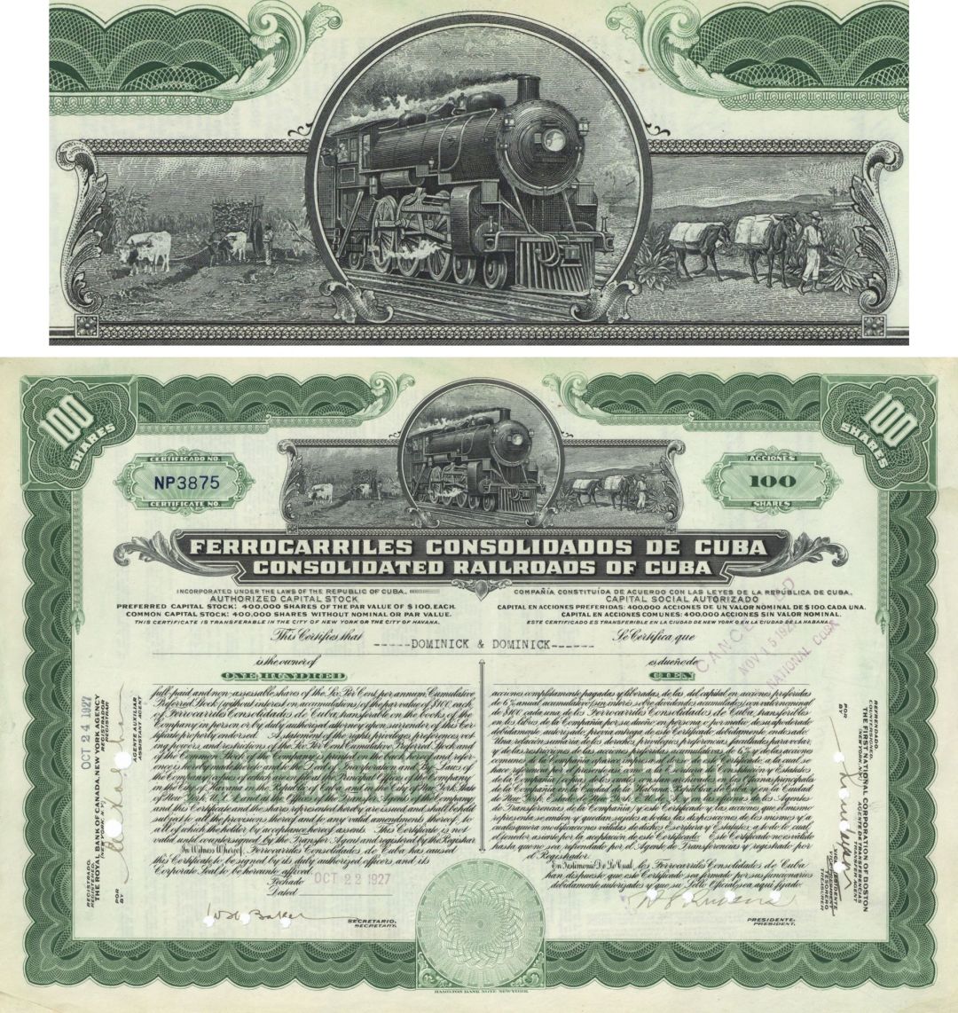 Consolidated Railroads of Cuba - Ferrocarriles Consolidados de Cuba - 1920's-early 40's dated Cuban Railway Stock Certificate