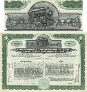 Consolidated Railroads of Cuba - Ferrocarriles Consolidados de Cuba - 1920's-early 40's dated Cuban Railway Stock Certificate