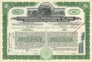 1920's-early 40's dated Consolidated Railroads of Cuba - Ferrocarriles Consolidados de Cuba - Stock Certificate