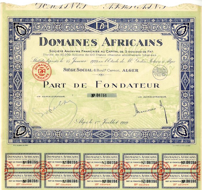 Domaines Africains - Stock Certificate