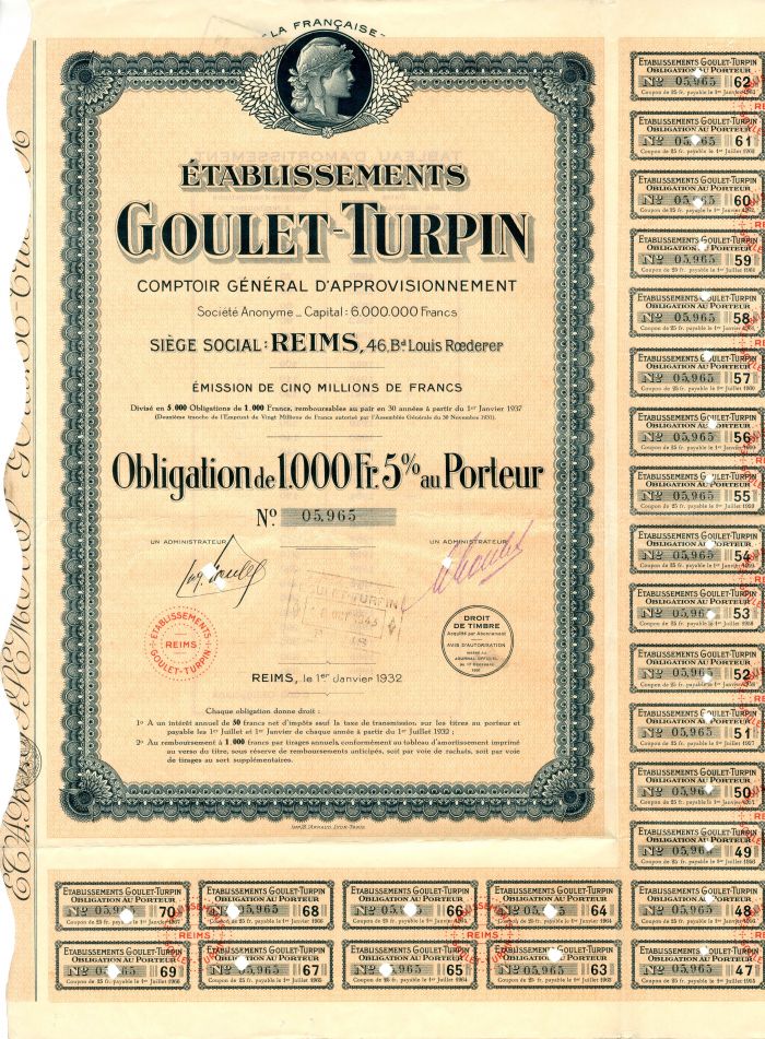 Etablissements Goulet-Turpin - Stock Certificate