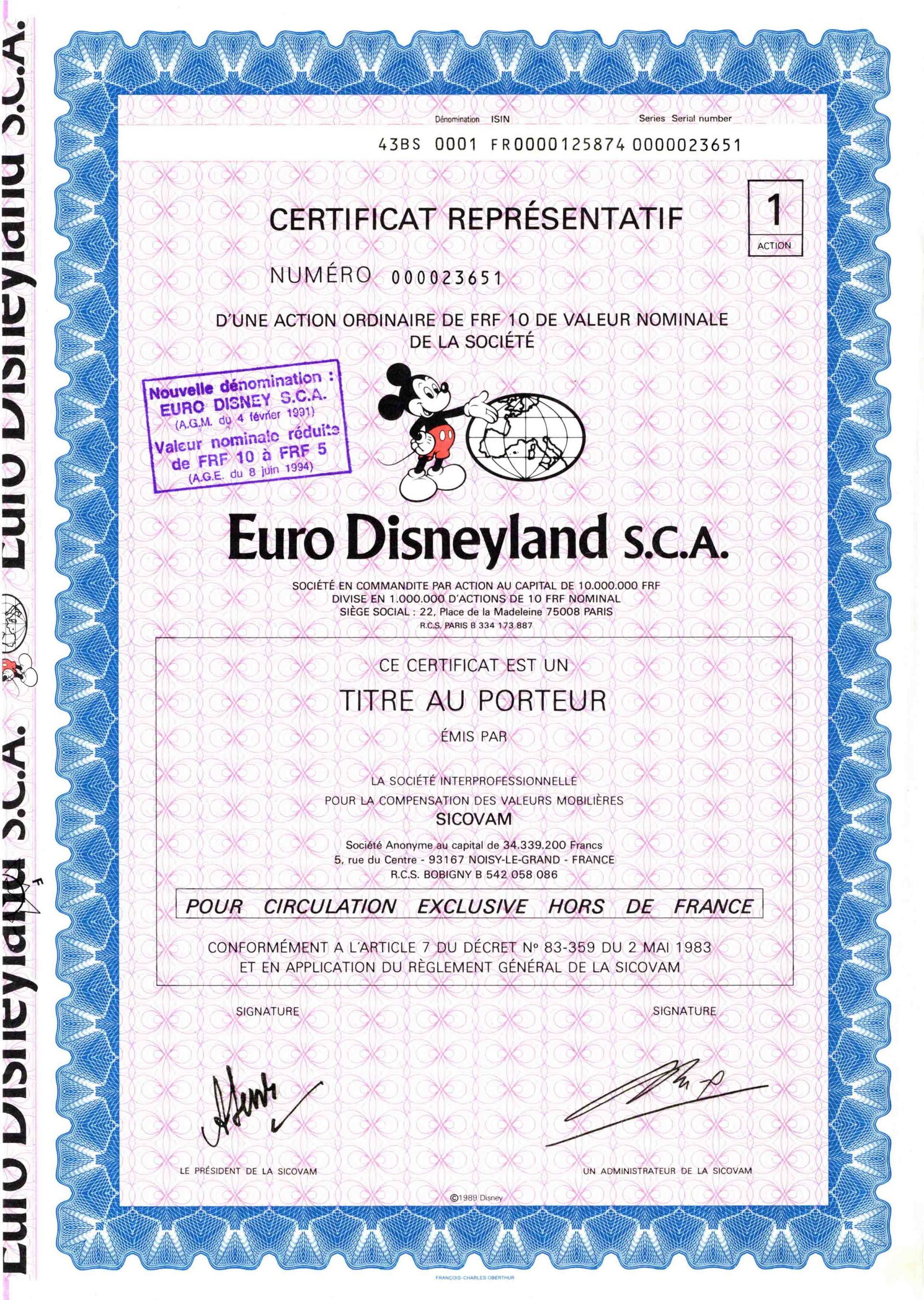 Euro Disneyland S.C.A. - Disney Stock Certificate - Disneyland Park Paris