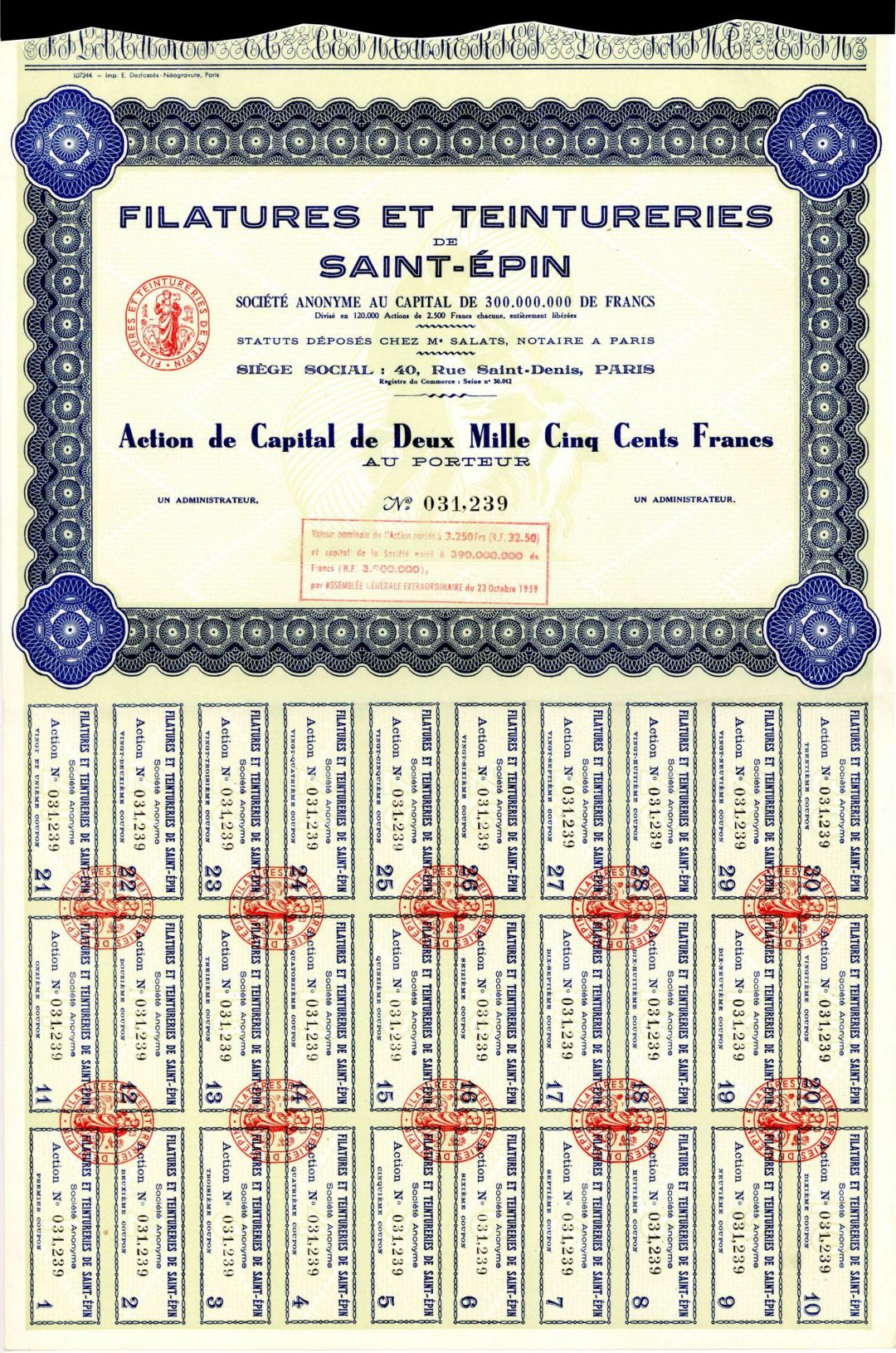 Filatures Et Teintureries de Saint-Epin - Stock Certificate
