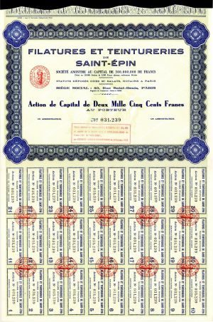 Filatures Et Teintureries de Saint-Epin - Stock Certificate