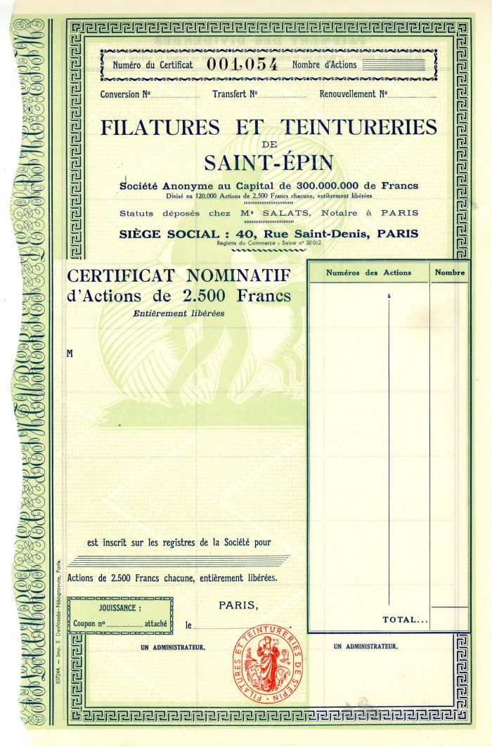 Filatures Et Teintureries De Saint-Epin - Stock Certificate