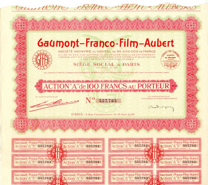 Gaumont-Franco-Film-Aubert - Stock Certificate