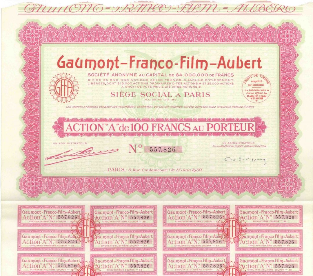 Gaumont-Franco-Film-Aubert - French Film Company Stock Certificate - Fantastic History